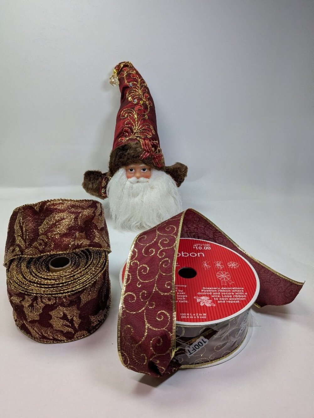 Victorian Burgundy & Gold Santa Bust + 2 Spools Wired Christmas Ribbon Set